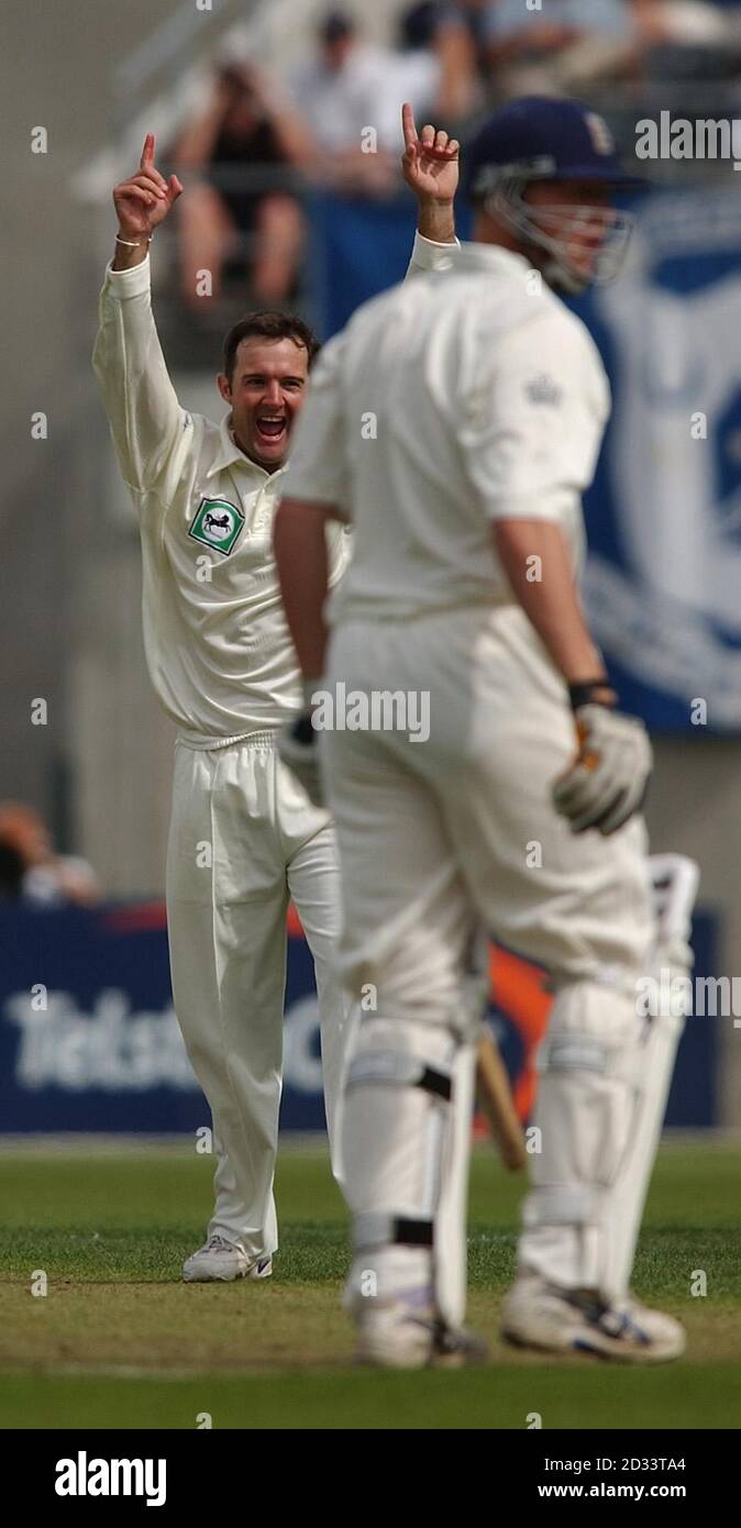 Le Nathan Astle de Nouvelle-Zélande (à gauche) célèbre après avoir vu Andrew Flintock de l'Angleterre piéger lbw pour un canard pendant le premier jour du premier match d'essai au Jade Stadium, Christchurch. L'Angleterre a fait 228 tout dehors et la Nouvelle-Zélande sont 9 courses pour 1 de cricket en réponse. Banque D'Images