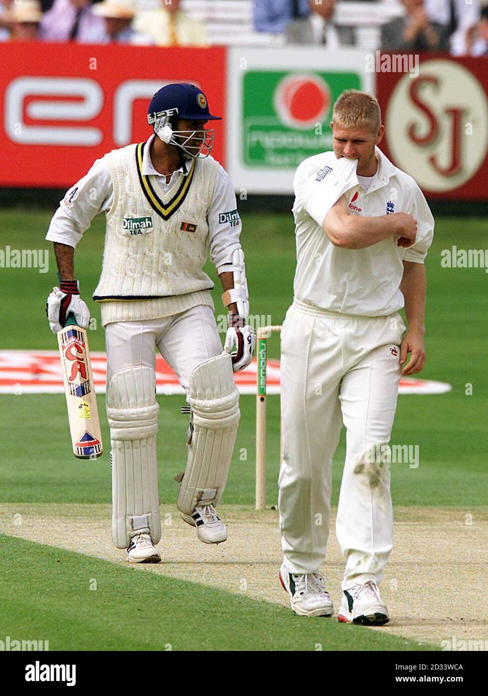 Marvan Atapattu (à gauche), l'ouvreur du Sri Lanka, continue de marquer le point alors que le botteur d'Angleterre Matthew Hoggard (à droite) s'éloigne du sol, après une première étape coûteuse au cours de la deuxième journée du premier match d'essai au terrain de cricket Lords, à Londres. Banque D'Images