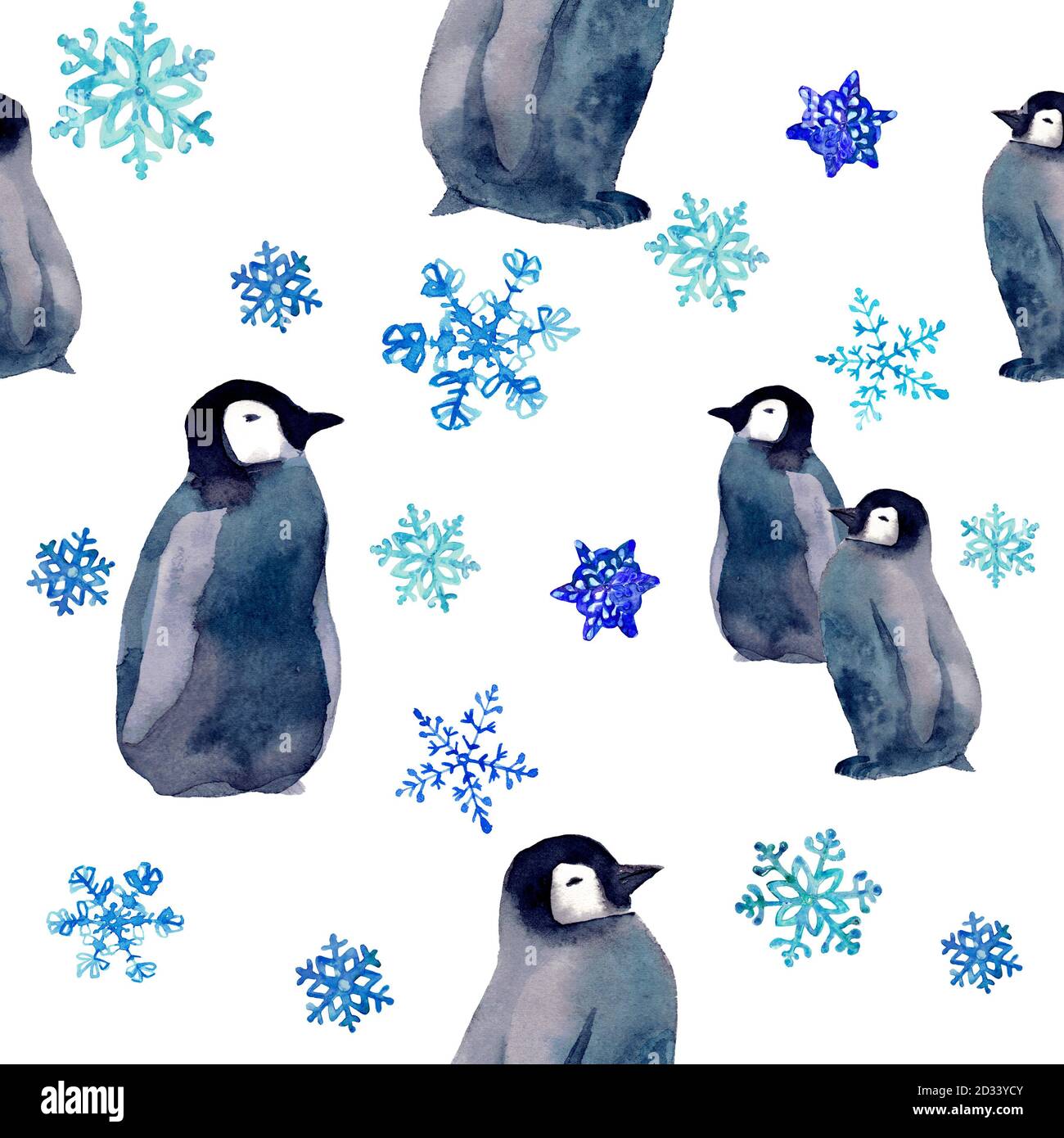 Motif aquarelle sans coutures avec ours blancs et pingouins. Animaux d'hiver avec flocons de neige. Couleurs froides. Design pour la décoration du nouvel an, couvertures, Banque D'Images