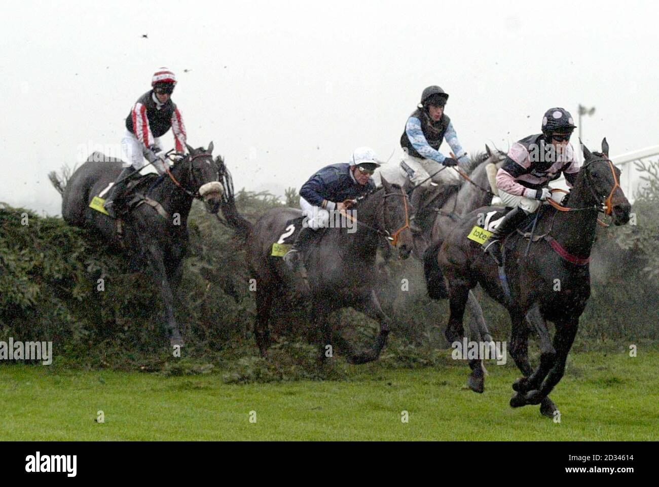 Amberleigh House, criée par le jockey Graham Lee (à l'extrême gauche) pendant le Totesport Becher handicap Chase à Aintree, Liverpool. Le héros Grand National de la saison dernière, Amberleigh House, a terminé cinquième sous le poids de tête. Banque D'Images