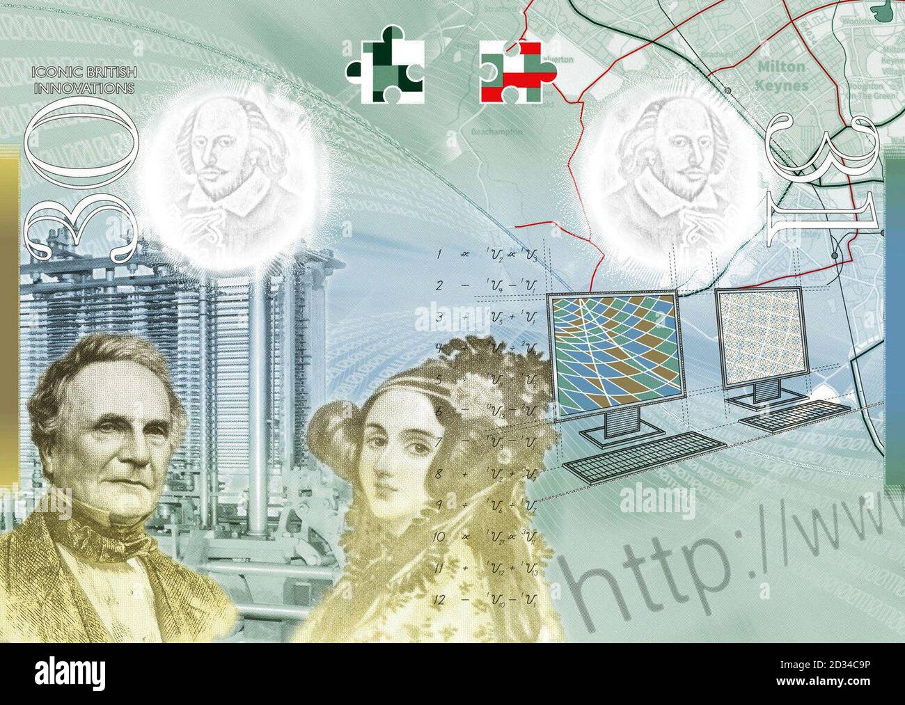 Deux pages (avec Charles Babbage et Ada Lovelace - innovations emblématiques) du nouveau passeport britannique qui a été dévoilé au Théâtre du Globe de Shakespeare à Londres. Banque D'Images