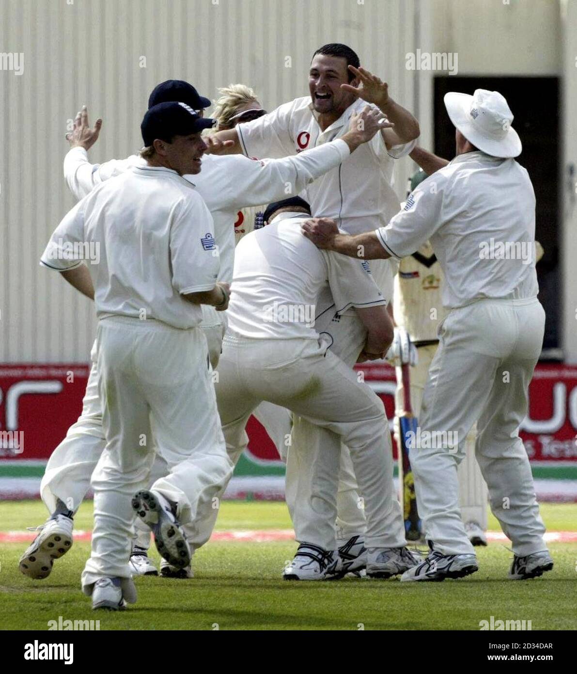 Le gardien d'Angleterre Steve Harmison (deuxième à droite) célèbre avec ses coéquipiers après avoir pris le dernier match de cricket de Michael Kasprowicz en Australie, pris derrière lui par le gardien de cricket Geraint Jones pendant la quatrième journée. Banque D'Images