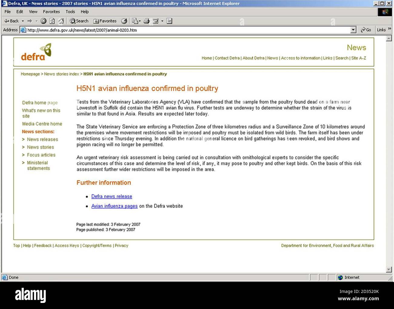 Screengrab du site Web du ministère de l'Environnement, de l'alimentation et des Affaires rurales, avec leur déclaration sur l'épidémie de grippe aviaire dans une ferme de dinde à Suffolk. Banque D'Images