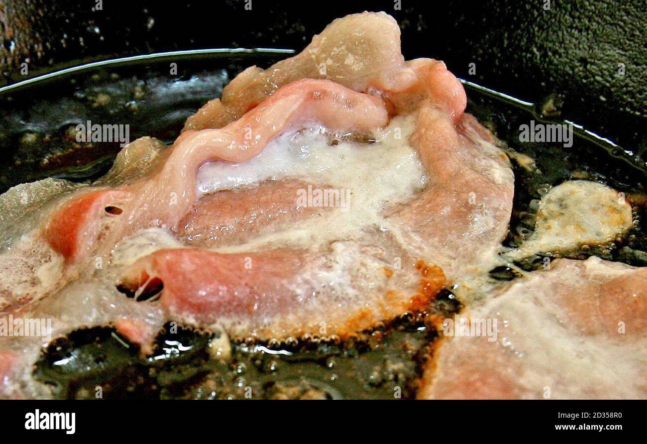 Les tranches de bacon sont frites dans l'huile après qu'une étude a révélé que la viande transformée, y compris le jambon et le bacon, était un facteur de risque pour le cancer de l'intestin que les gens devraient éviter complètement. Banque D'Images