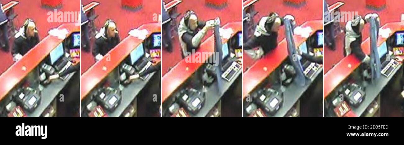 Photos de la police de Northumbria non datée de vidéos de vidéosurveillance réalisées par des bookmakers de Pagebet dans le centre-ville de Newcastle montrant William Armstrong, alias Billy The Pigeon commettant un cambriolage. Banque D'Images