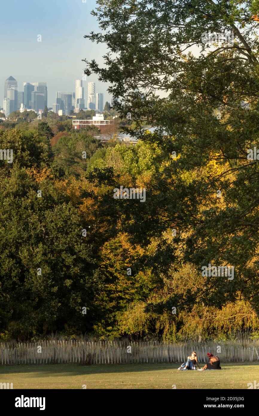 Royaume-Uni, Londres, Lambeth, Norwood, baigneurs de soleil à Norwood Park avec forêt et la ligne d'horizon du centre financier de Londres à l'horizon Banque D'Images