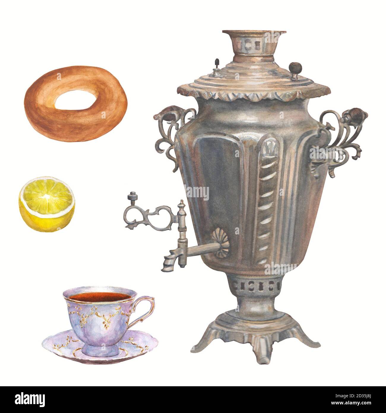 Collection d'aquarelles à l'heure du thé dessinées à la main. Samovar, tasse de thé en porcelaine, bagel et citron sur fond blanc Banque D'Images
