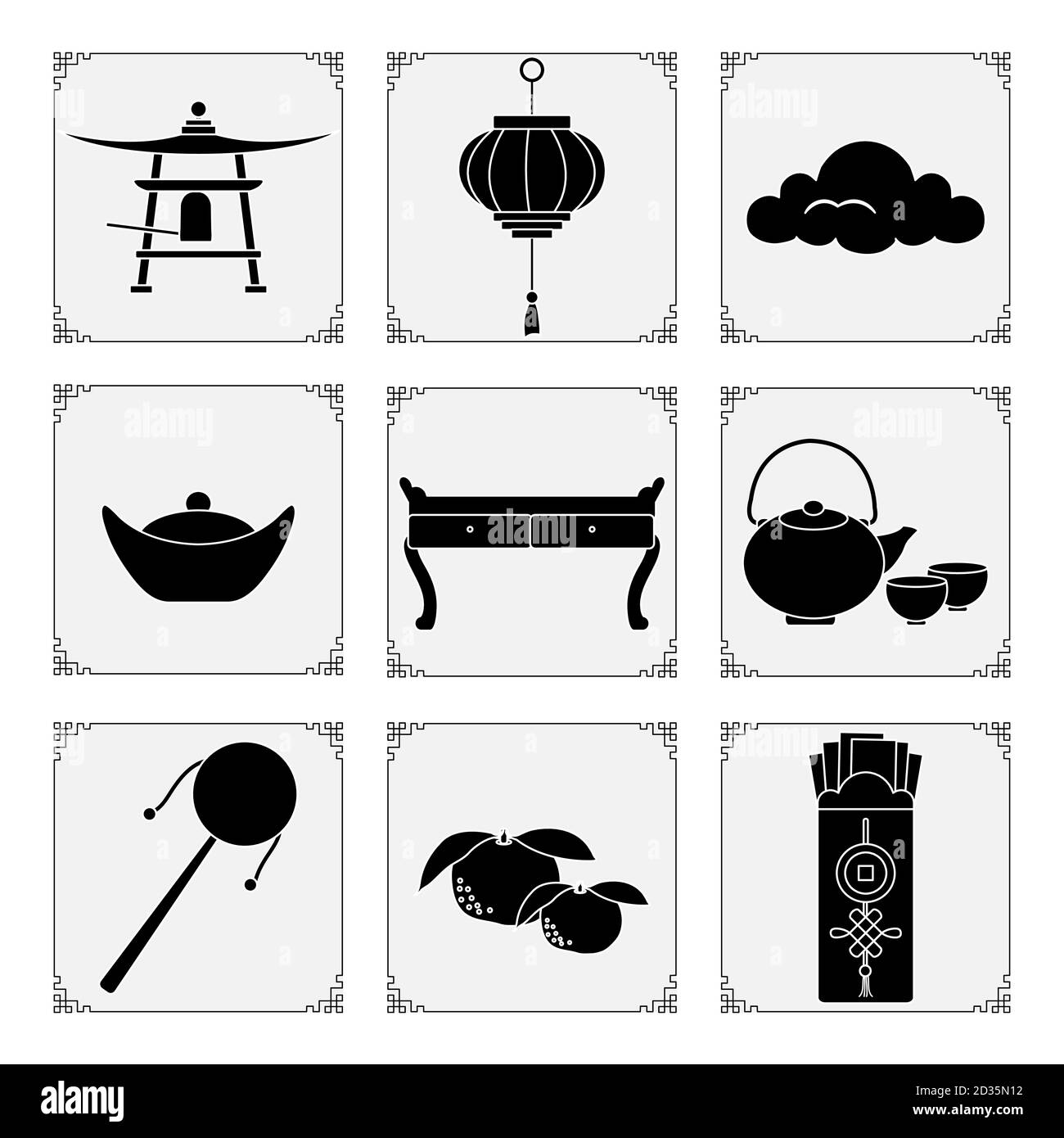 Symboles du nouvel an chinois 2021 illustration vectorielle lanterne chinoise, cloche, nuage, théière et tasses, table, lingot, enveloppe avec argent, mandarines, Illustration de Vecteur