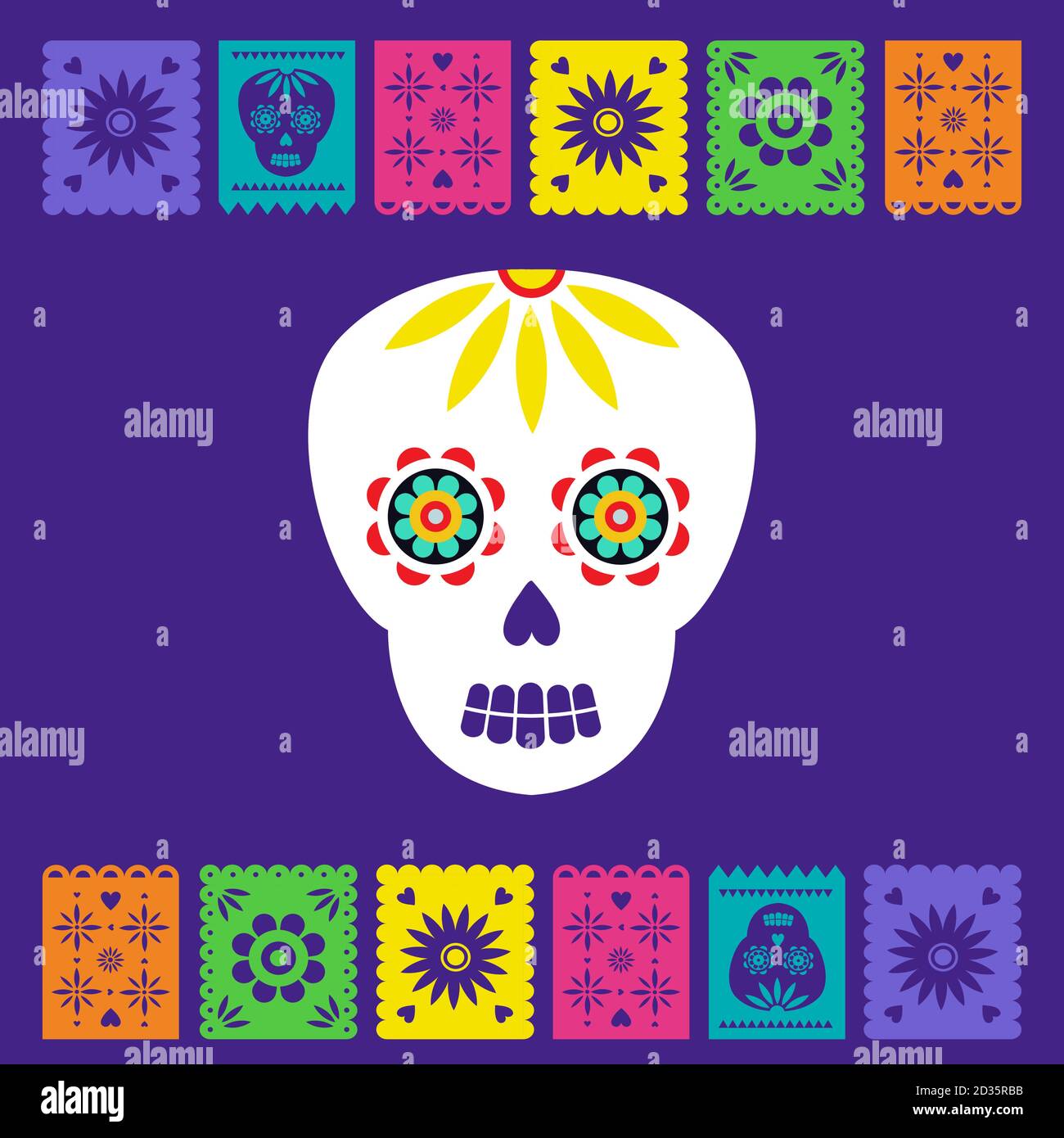 Jour des morts, Dia de los muertos, bannière avec des icônes mexicaines traditionnelles colorées. Fiesta, affiche des fêtes, circulaire de fête, carte de vœux amusante Illustration de Vecteur