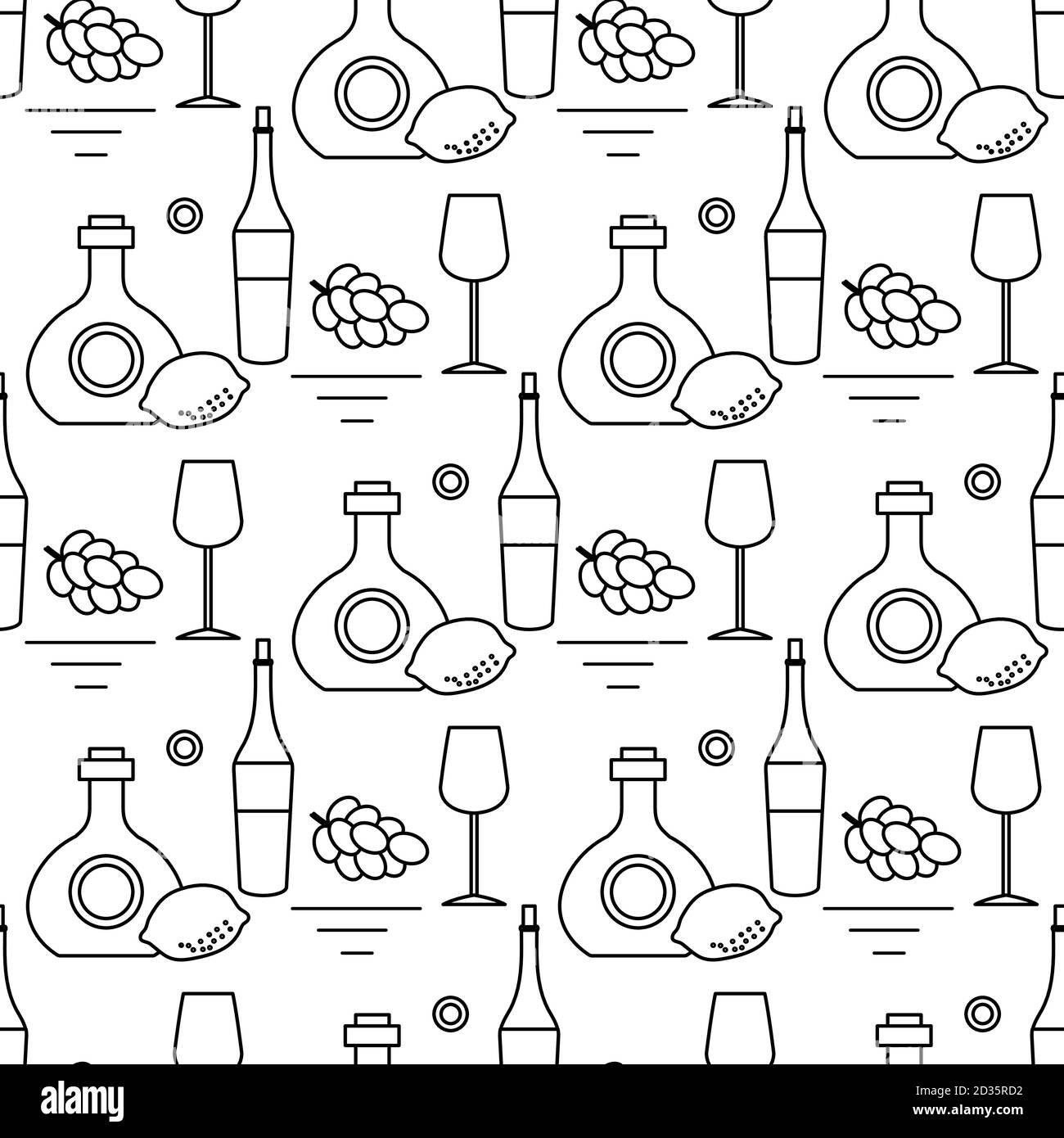 Flacons d'illustration Vector à motif sans couture pour boissons alcoolisées, raisins, citron, lunettes de vin. Magasin de vins et spiritueux, bar marché des boissons alcoolisées concept Barman W Illustration de Vecteur