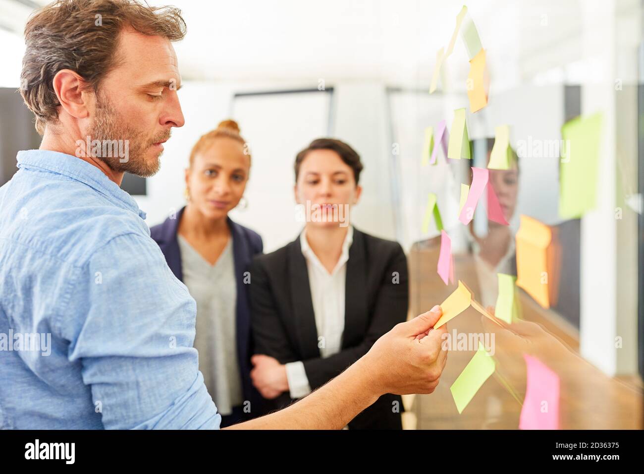 Équipe d'affaires évaluant les idées de projet lors d'une réunion de brainstorming Banque D'Images