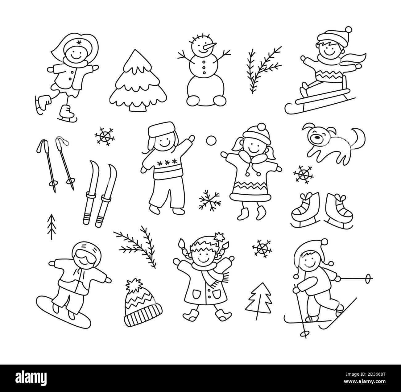 Enfants jouant dans la neige, traîneau à chiens, ski, patinage, surf des neiges et des objets d'hiver. Illustration de Vecteur
