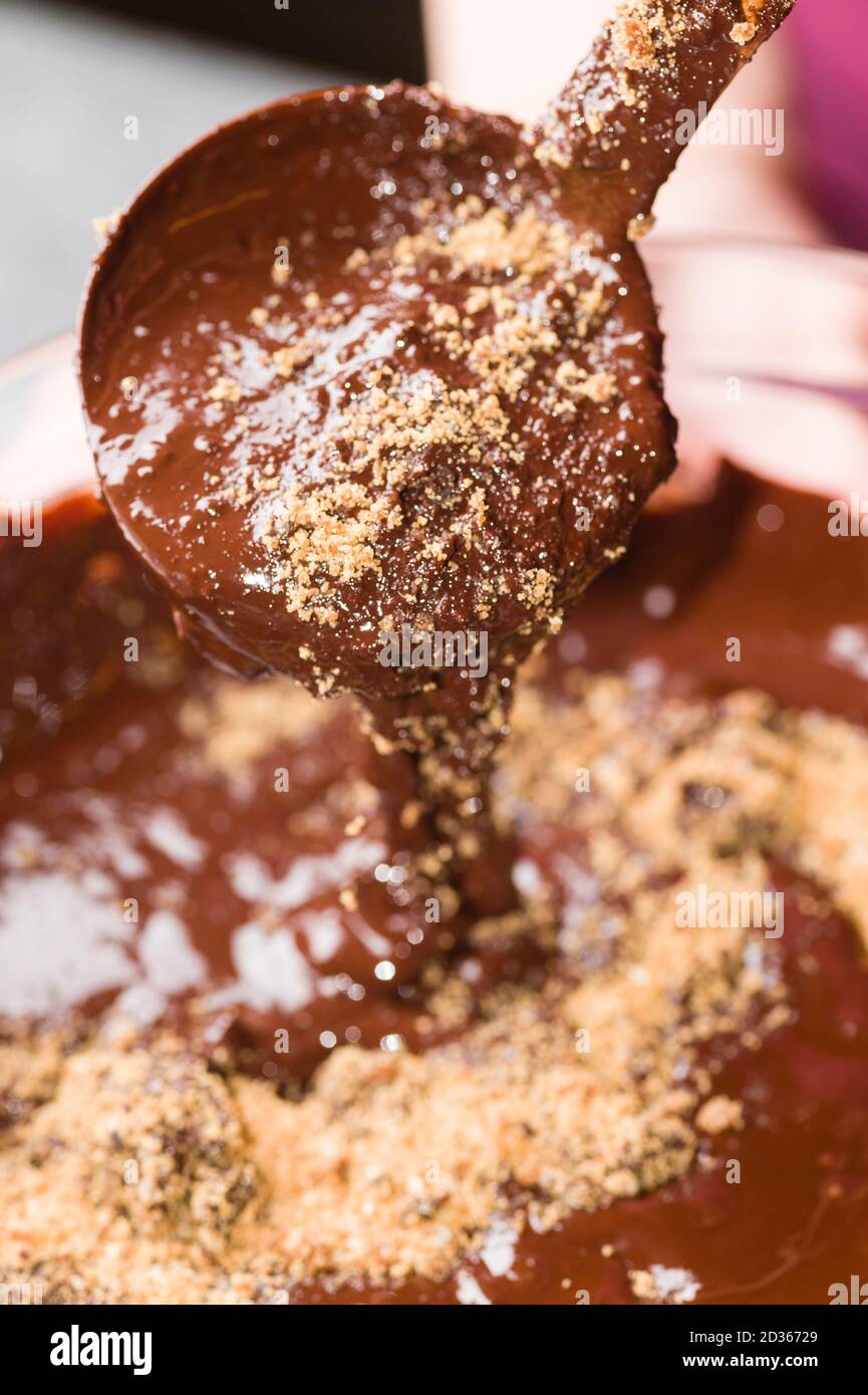 Ingrédients pour la préparation de la barre de chocolat artisanale avec des fruits secs Banque D'Images