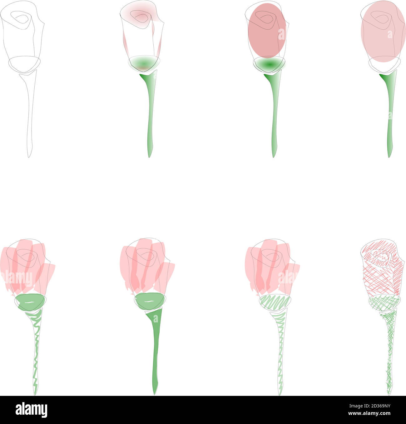 Ensemble coloré de huit roses roses et vertes isolées Illustration de Vecteur