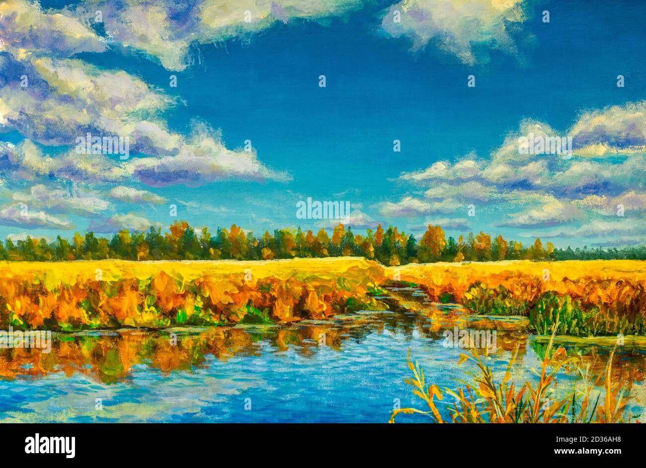 Huile acrylique peinture or automne sur rivière mer étang eau. Orangers reflétés dans l'eau bleue illustration moderne des beaux-arts sur toile Banque D'Images