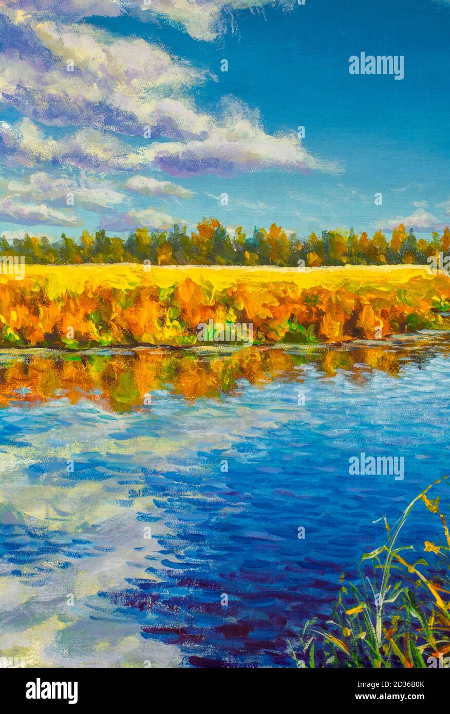 Huile acrylique peinture or automne sur rivière mer étang eau. Orangers reflétés dans l'eau bleue illustration moderne des beaux-arts sur toile Banque D'Images
