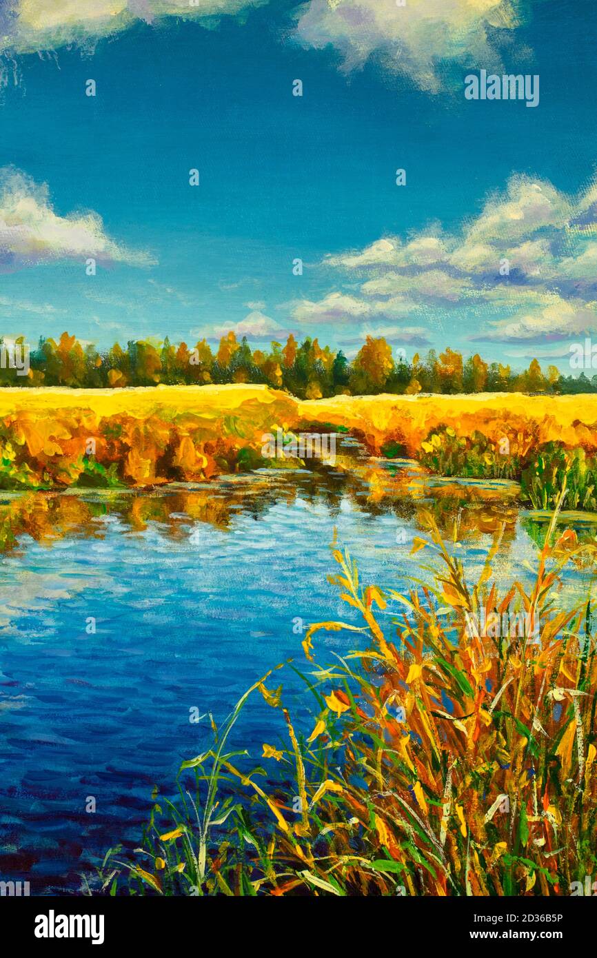 Peinture acrylique à l'huile chaude automne sur la rivière. Les arbres d'automne orange se reflètent dans l'eau moderne beaux-arts illustration sur toile Banque D'Images