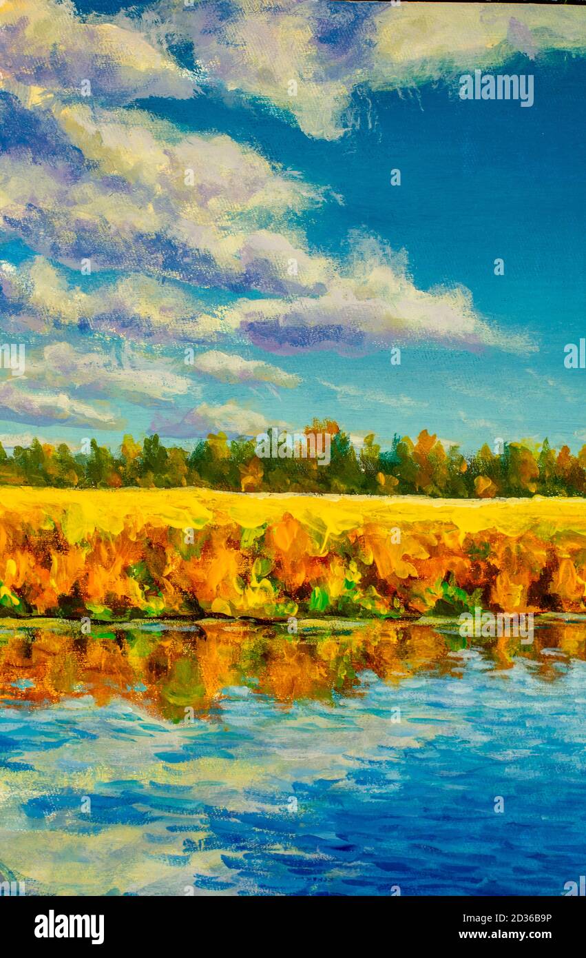 Peinture acrylique à l'huile chaude automne sur la rivière. Les arbres d'automne orange se reflètent dans l'eau moderne beaux-arts illustration sur toile Banque D'Images