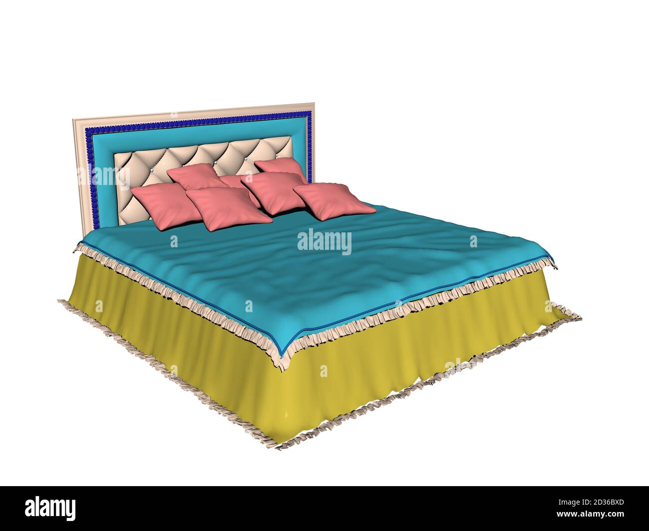 Lit double avec linge de lit dans la chambre Banque D'Images