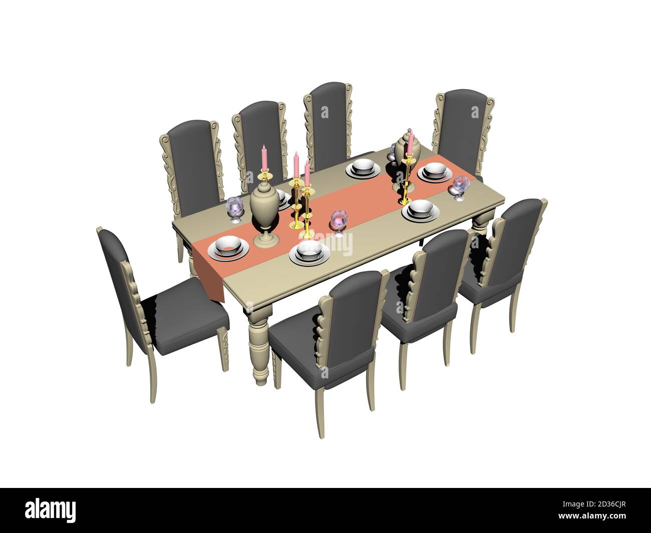 table longue avec vaisselle et chaises Banque D'Images