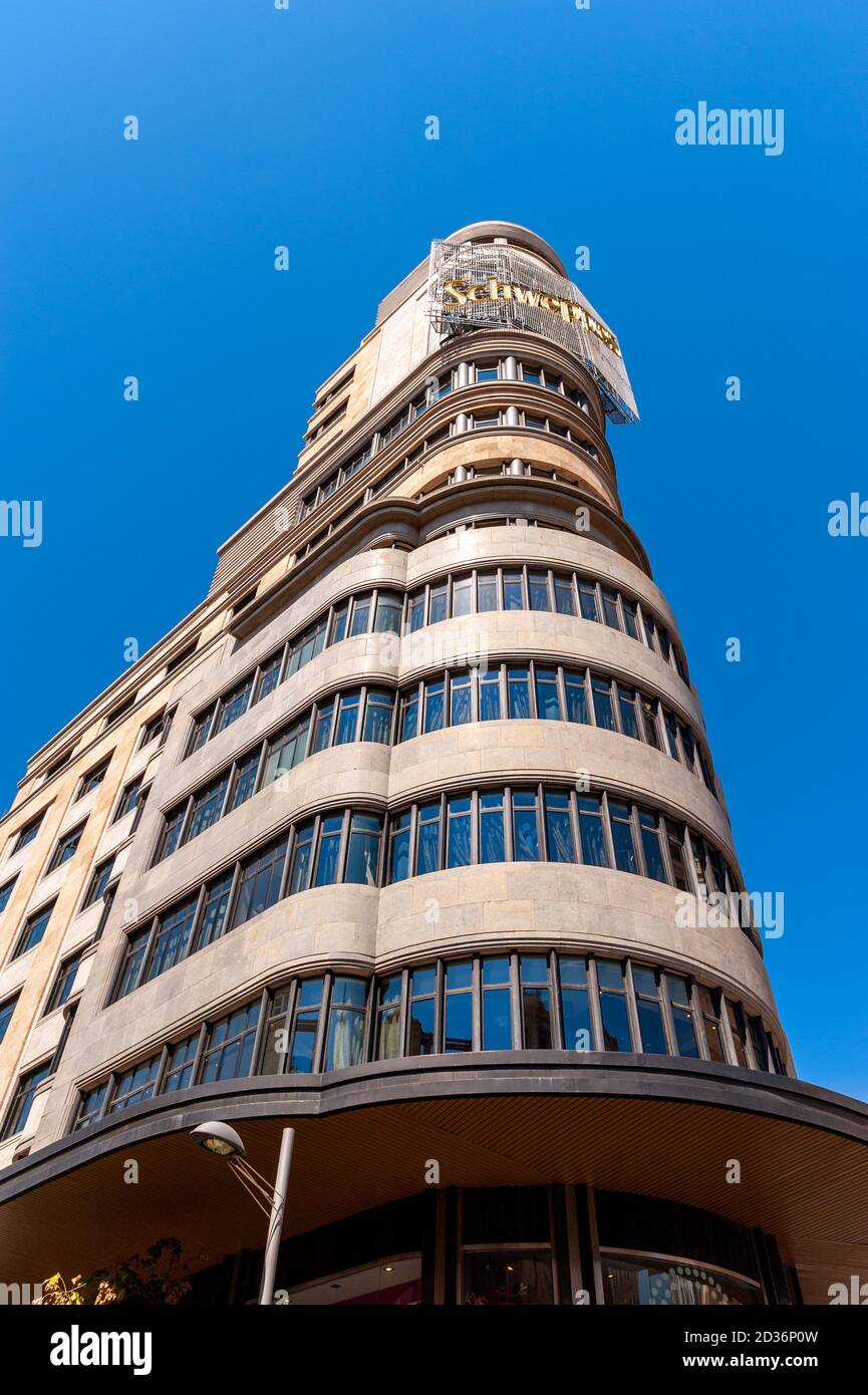 Bâtiment Schweppes ou Edificio Carrion sur Gran via, Madrid, Espagne Banque D'Images