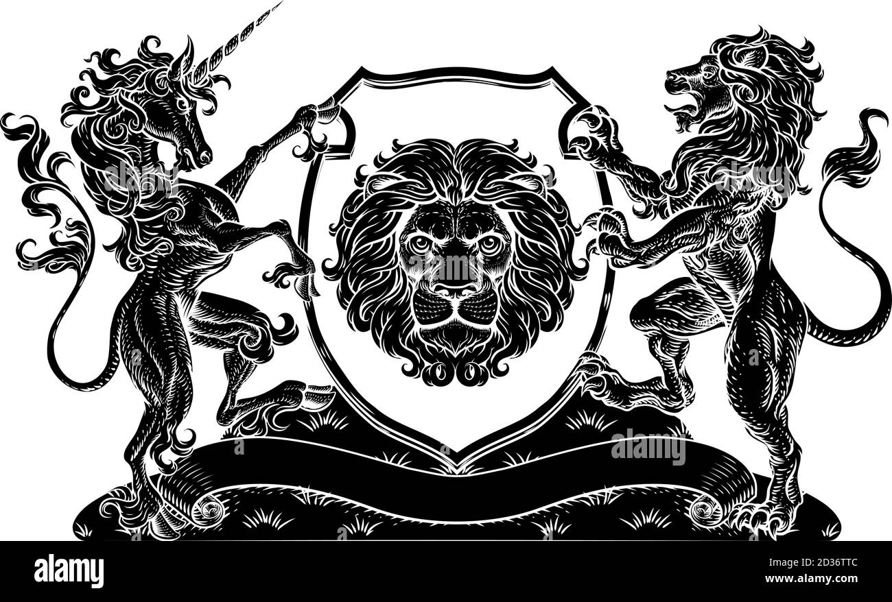 Manteau d'armoiries Unicorn Lion Crest Shield Family Seal Illustration de Vecteur