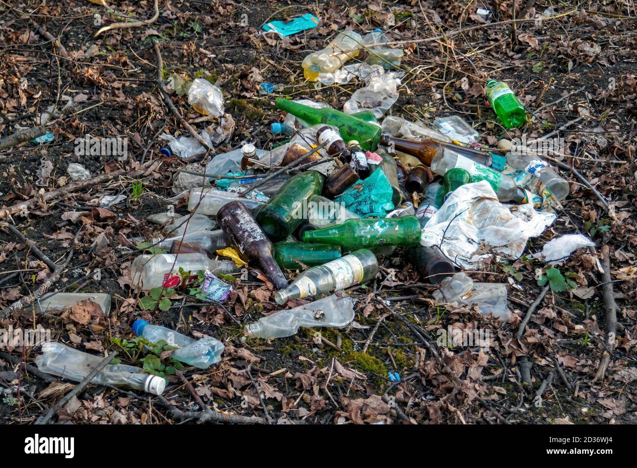 Tas de plastique sale, de bouteilles en verre et d'autres déchets non recyclés en forêt. Pollution de l'environnement. Banque D'Images