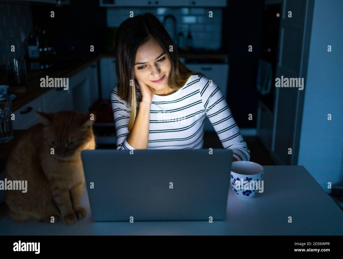 Femme concentrée travaillant tard avec son ordinateur portable Banque D'Images