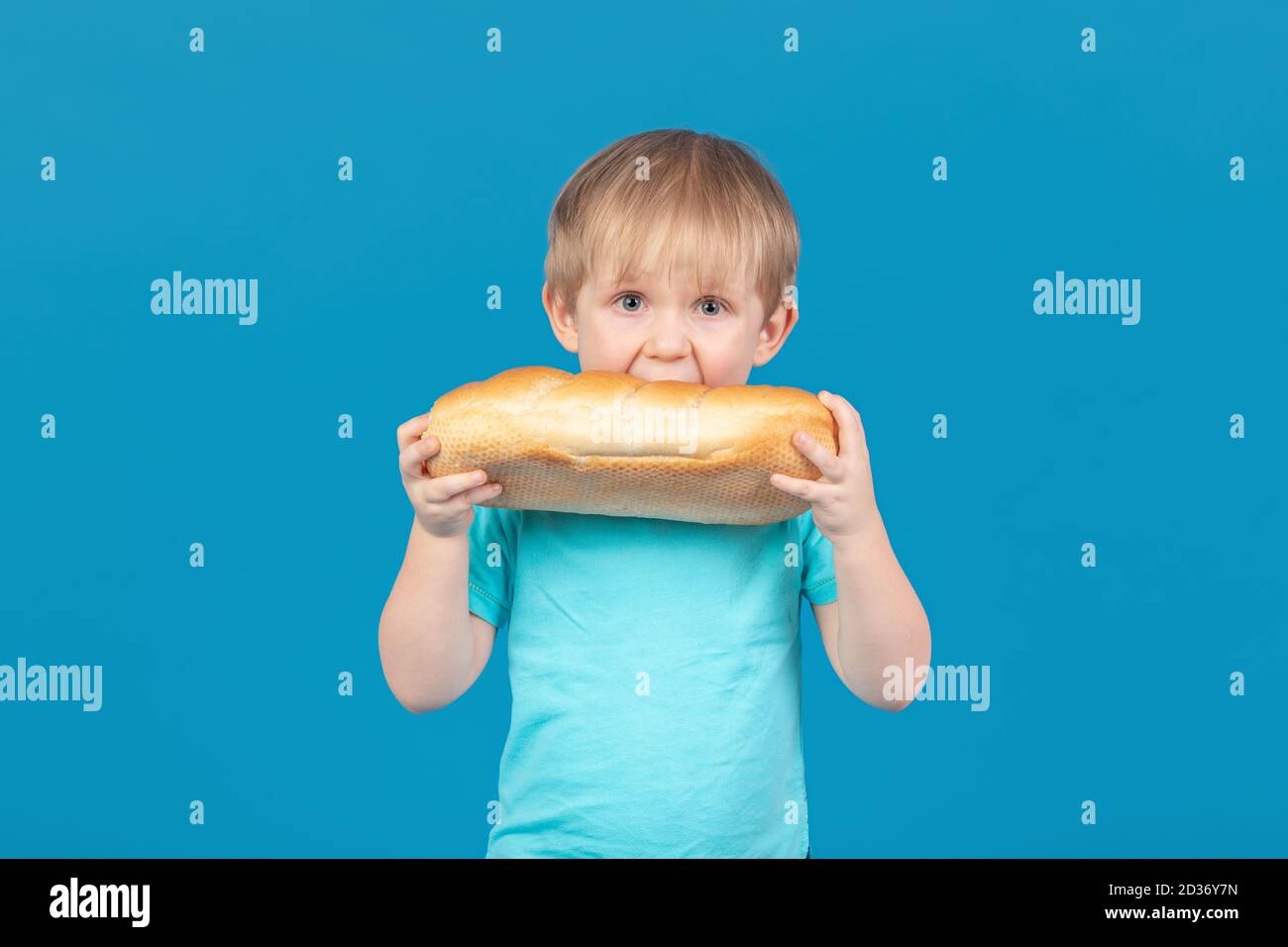 Un enfant blond mord un pain. Gros plan studio tourné à l'intérieur sur un fond bleu solide, le concept de la faim et bien manger pour les enfants. Banque D'Images
