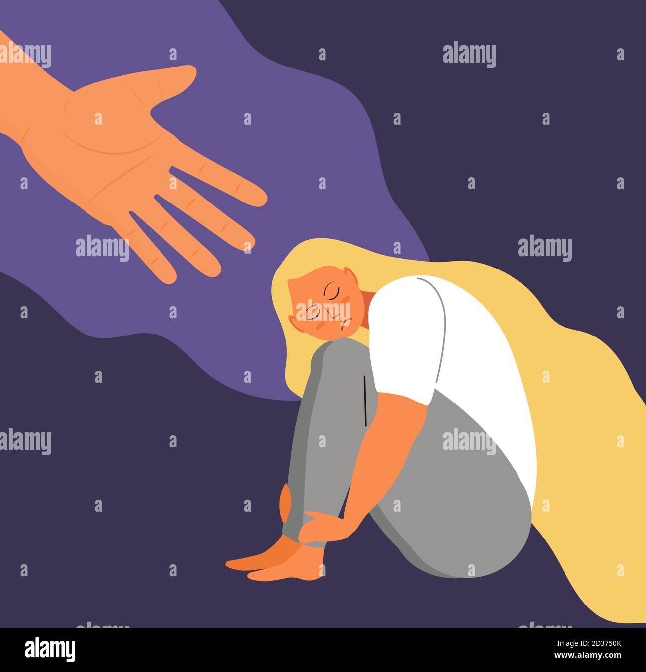 Vecteur de concept de fille stressée et frustrée. Scène d'accusation dans la vie, dépression dans le travail. La main humaine aide la femme solitaire. Une fille bouleversée s'assoit et la déchoit Illustration de Vecteur