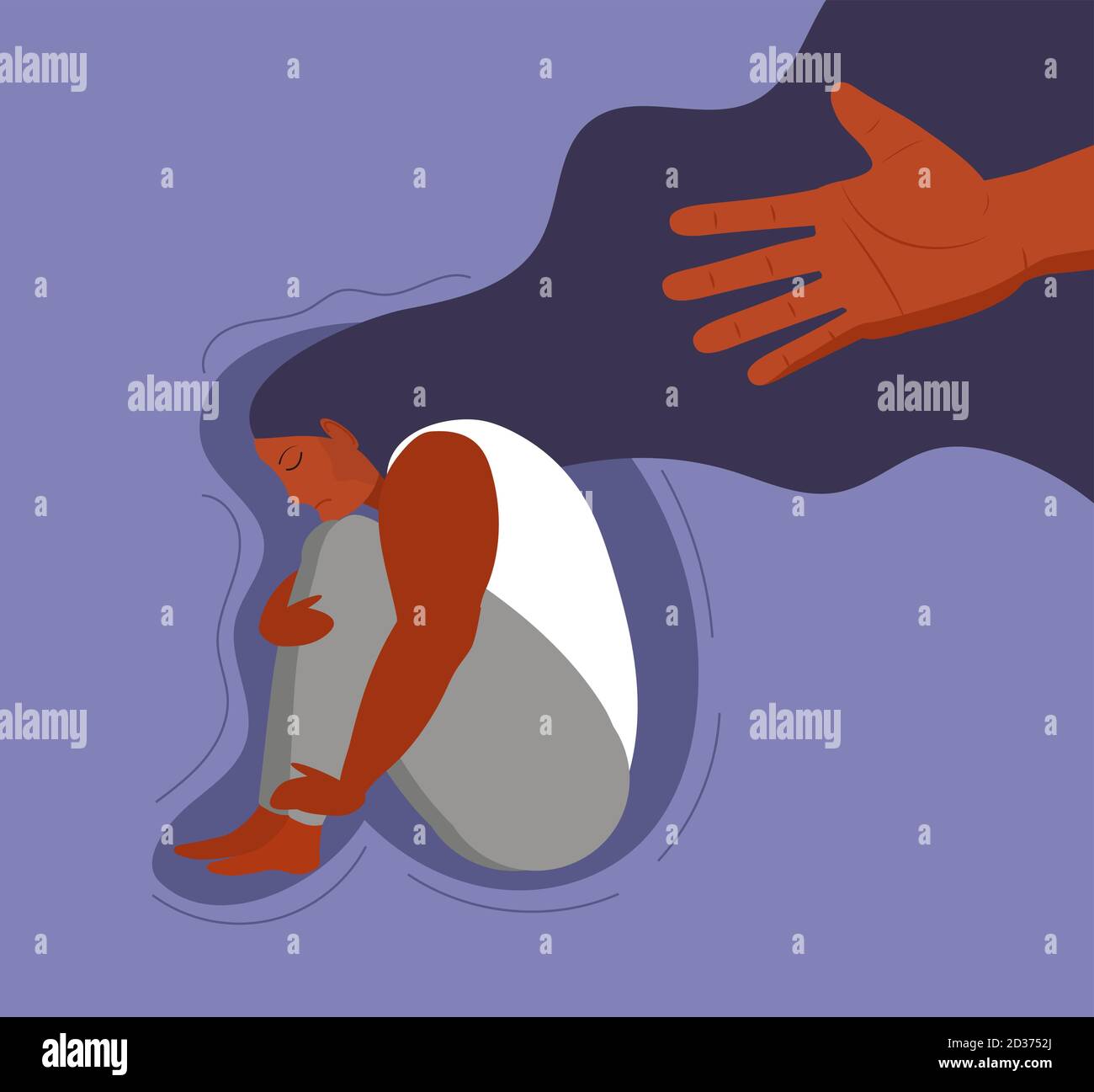 Vecteur de concept de fille stressée et frustrée. Scène d'accusation dans la vie, dépression dans le travail. La main humaine aide la femme solitaire. Une fille bouleversée s'assoit et la déchoit Illustration de Vecteur