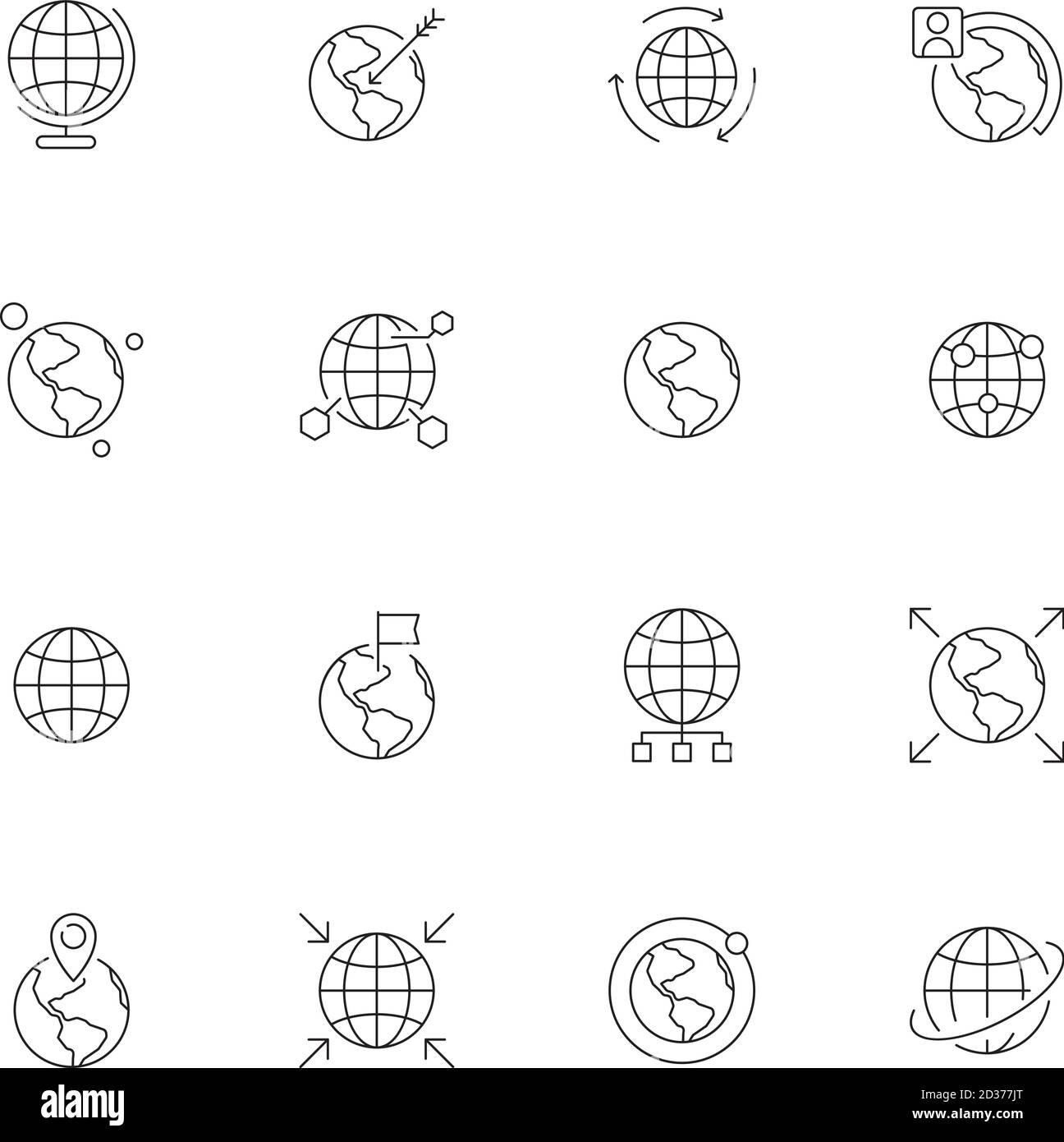 Icône globe. Carte du monde points de navigation terre drapeaux internationaux pays chemin vecteur lignes fines symboles Illustration de Vecteur