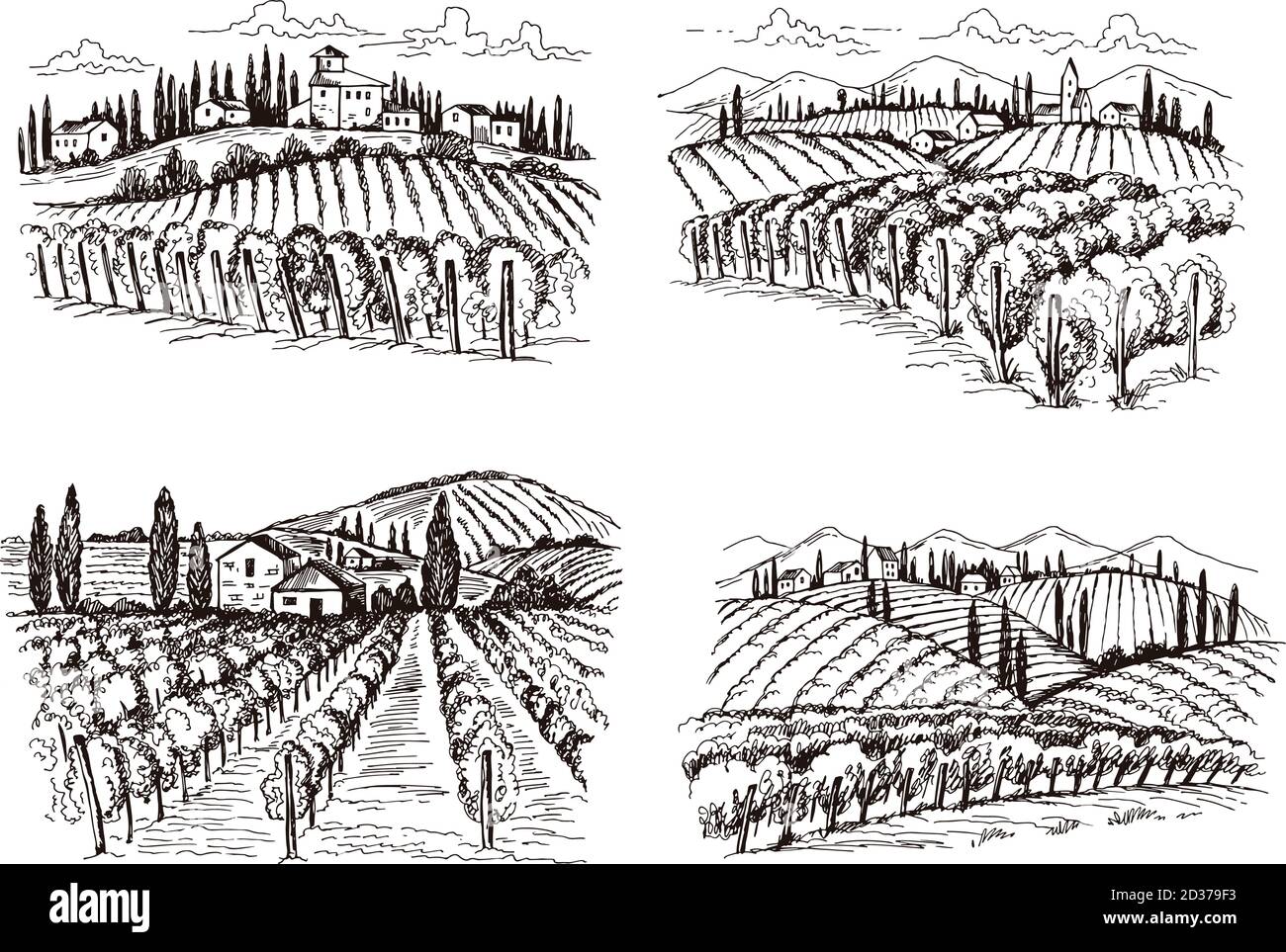 Vignoble. Vieux château de france vin paysage illustrations vectorielles dessinées à la main pour des projets de conception d'étiquettes Illustration de Vecteur
