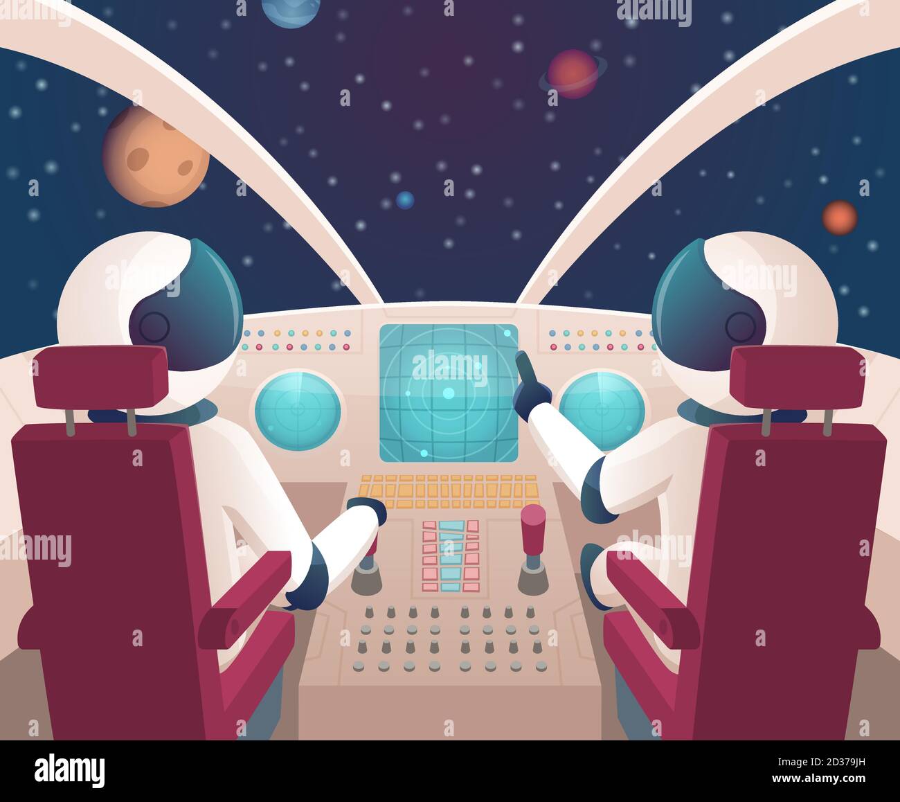 Pilotes en vaisseau spatial. Poste de pilotage de la navette avec pilotes en costumes vecteur espace de dessin animé avec des planètes Illustration de Vecteur