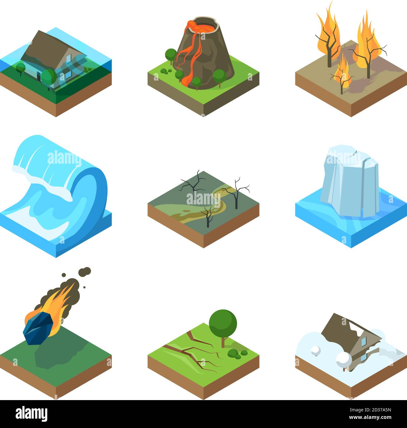 Catastrophes naturelles. Vulcano tornado orage incendie dans l'eau des forêts inondation tsunami vecteur isométriques illustrations Illustration de Vecteur