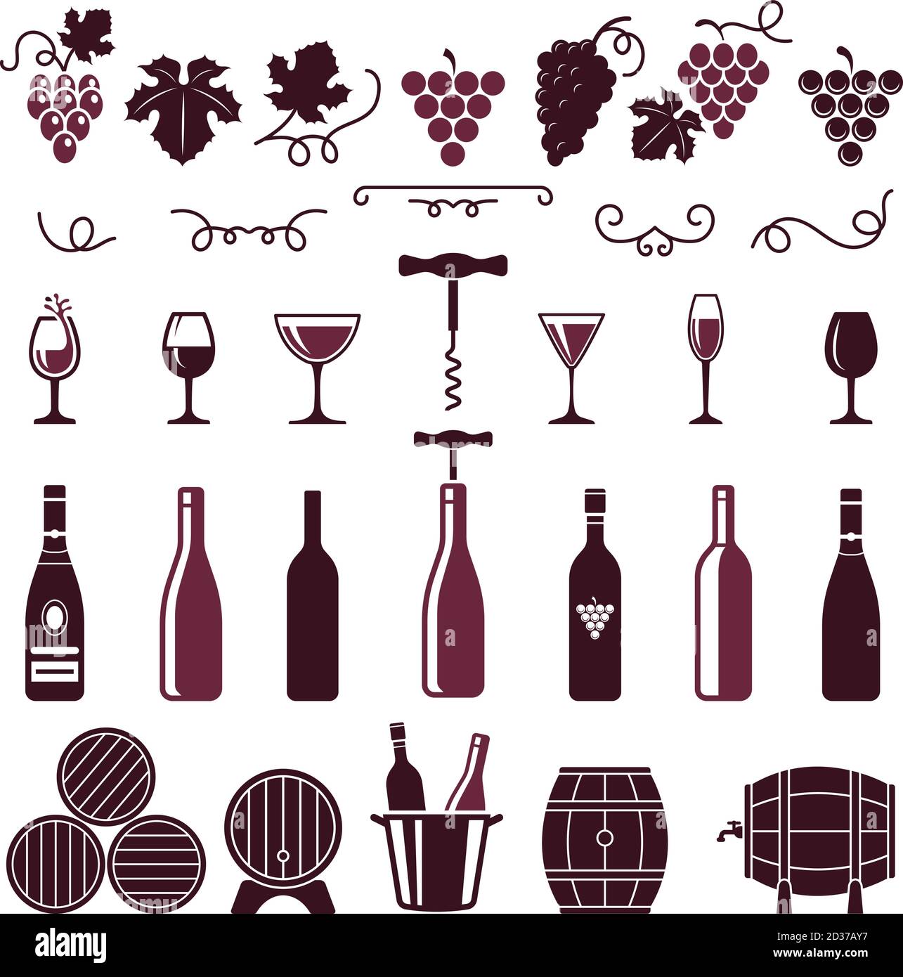 Symboles de vin. Feuilles de raisin tendrils de vigne bouteilles barriques corkscrew vector stylisé images pour étiquettes ou logo design Illustration de Vecteur