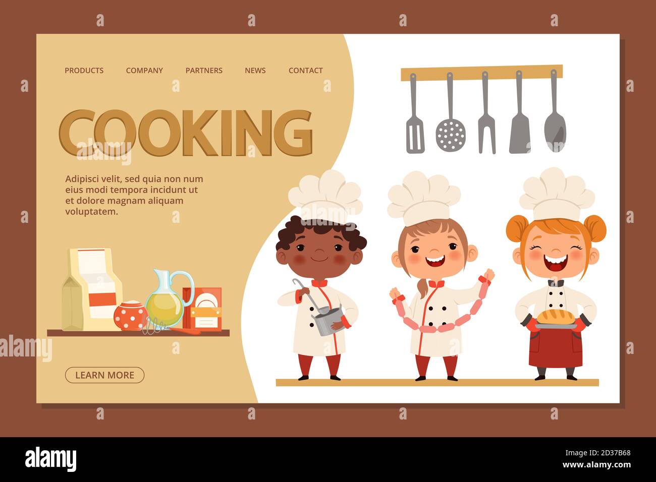 Cute Kids chefs - cuisine page d'arrivée modèle de bannière avec enfants et ustensiles de personnage de dessin animé Illustration de Vecteur