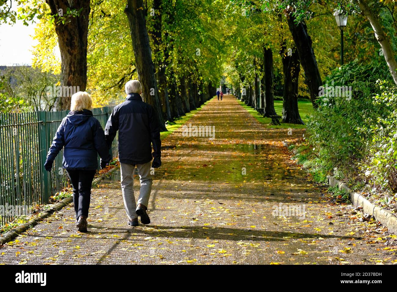 Un couple tenant les mains marchant ensemble le long d'un chemin couvert de feuilles d'automne à Avenham Park, Preston, Royaume-Uni. Banque D'Images