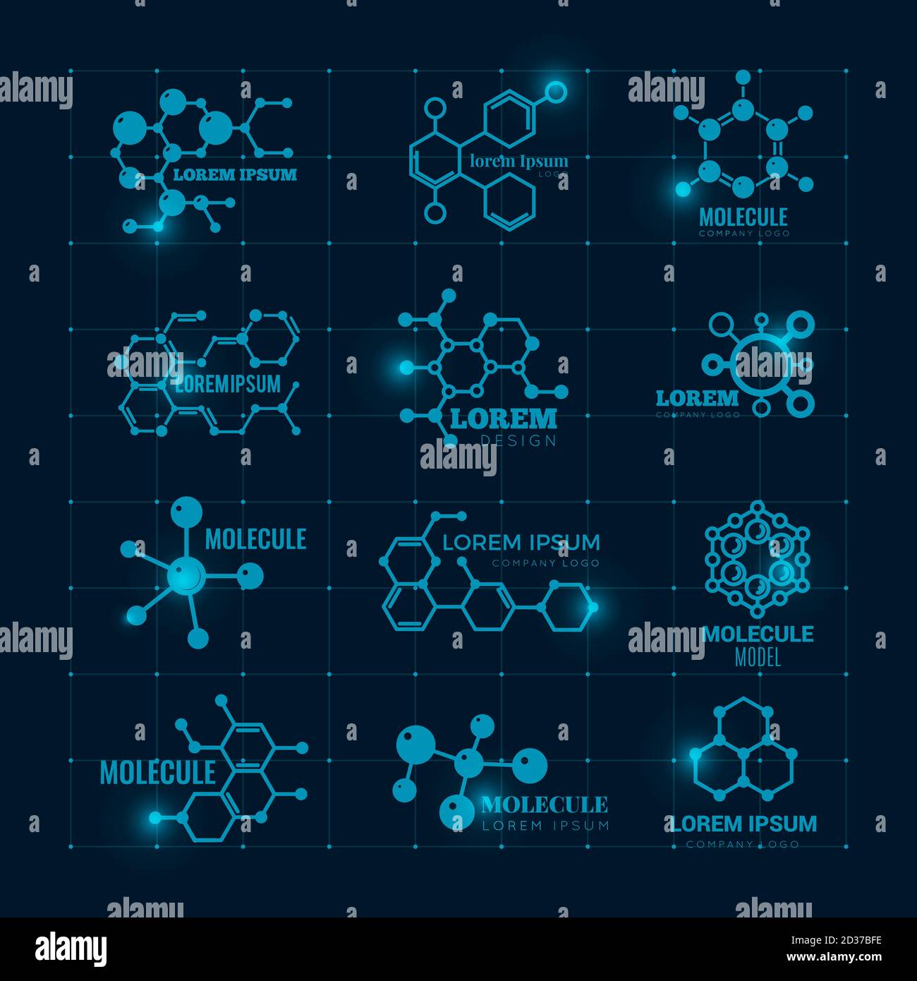 Logo moléculaire avec effet brillant. Chimie molécule d'adn structure scientifique atome icônes ensemble de vecteurs Illustration de Vecteur