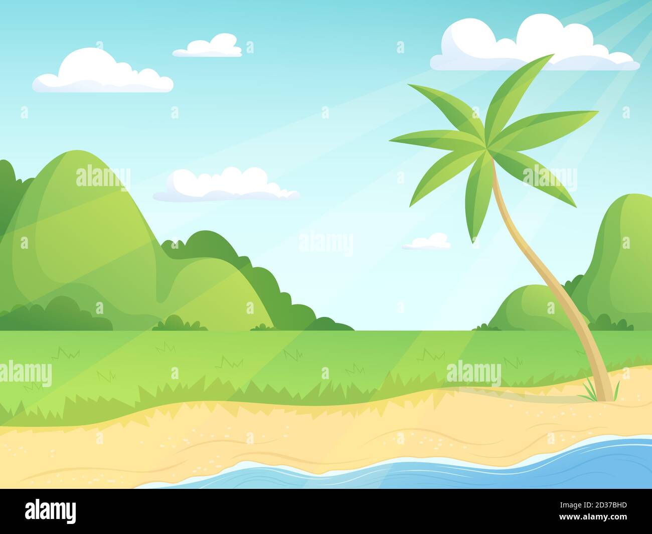 Paysage d'été. Collines vertes palmiers et bord de mer avec l'herbe et l'eau simple illustration extérieure vecteur dessin animé arrière-plan Illustration de Vecteur