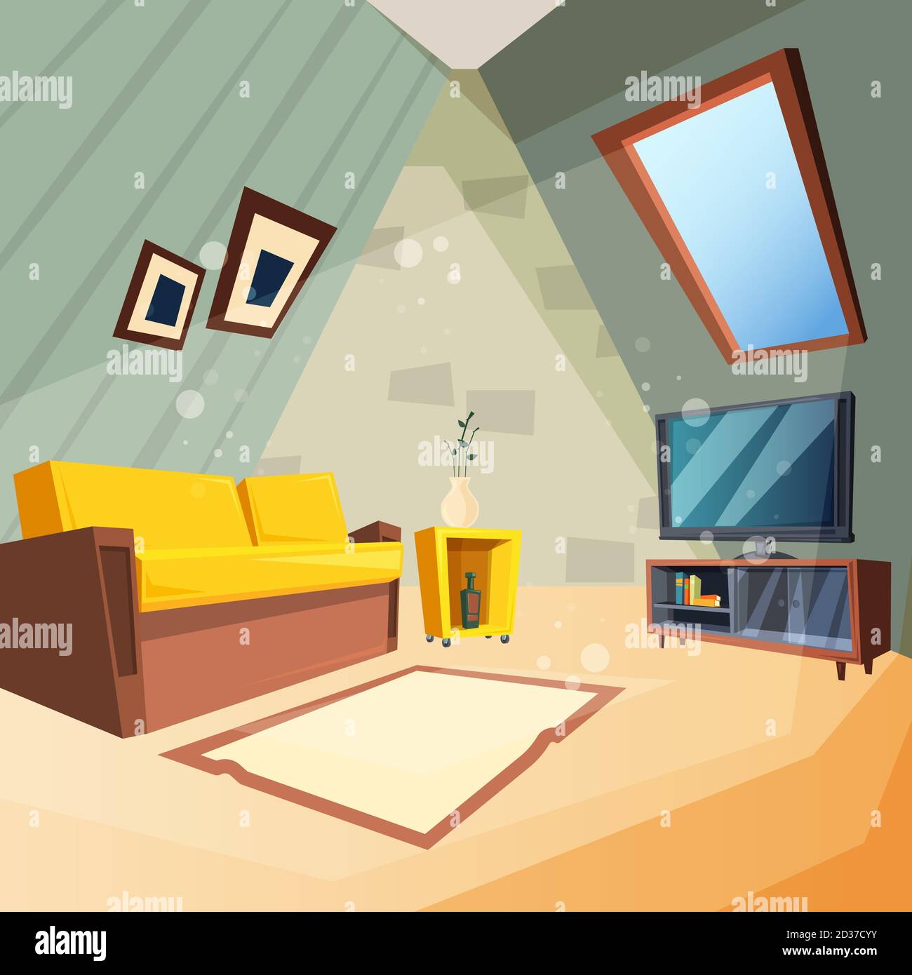 Grenier. Chambre à coucher pour enfants intérieur de la chambre grenier coin avec fenêtre sur le plafond image vectorielle dans le style de dessin animé Illustration de Vecteur