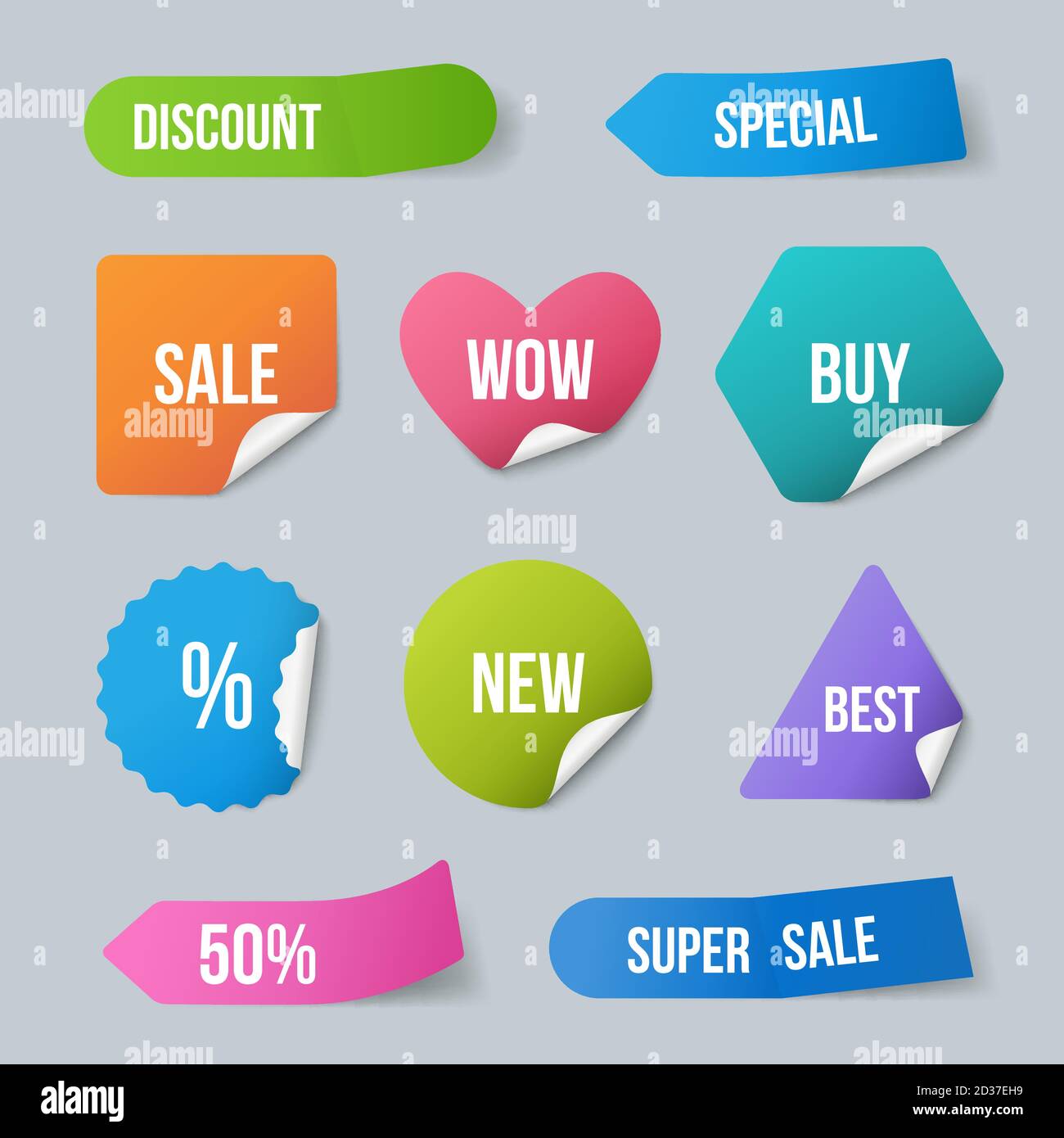 Autocollants publicitaires. Solde étiquettes promotionnelles pour les nouveaux produits badges en papier avec coins recourbés et modèle vectoriel d'ombres réalistes Illustration de Vecteur