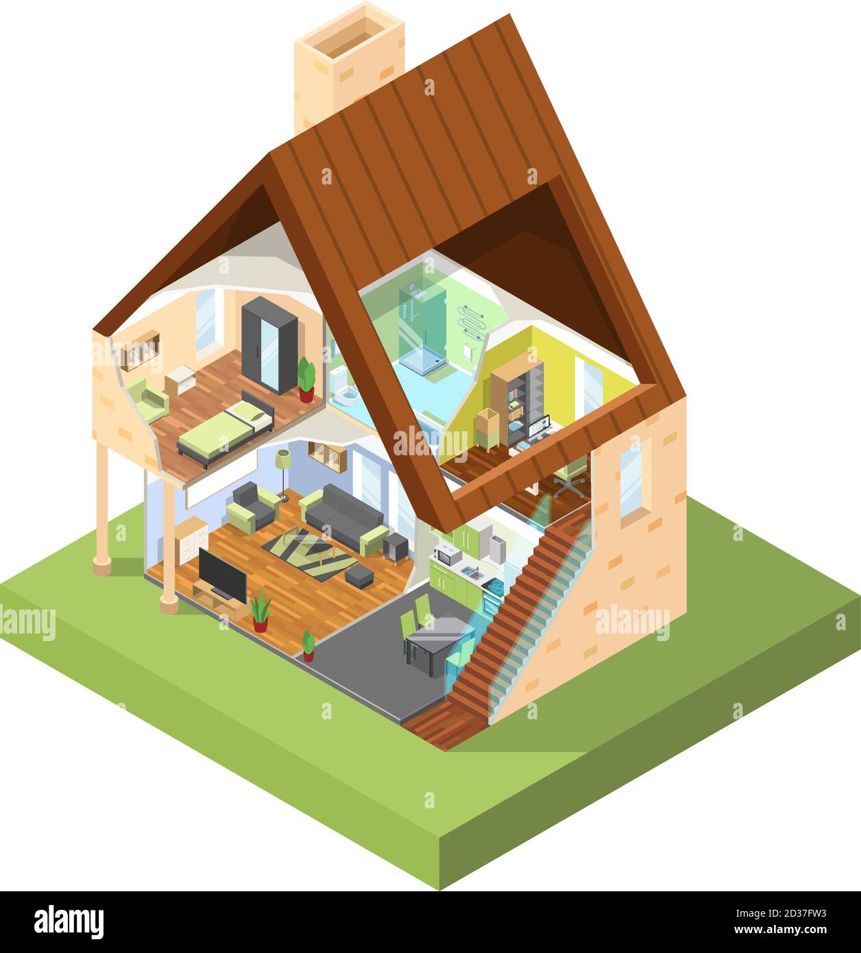 Maison tronquée isométrique. Intérieur de maison moderne avec différentes chambres avec des images vectorielles de mobilier Illustration de Vecteur