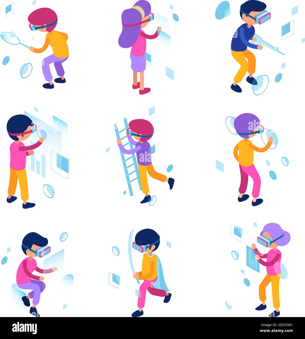 Personnes VR. Futurs personnages hommes et femmes jouant dans les jeux de réalité virtuelle technologie immersive casque et vecteur de casque isométrique Illustration de Vecteur
