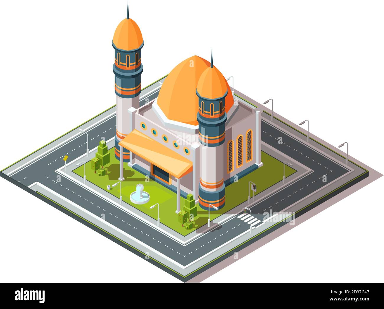 Mosquée en ville. Religion musulmane islamique objet architectural en paysage urbain vecteur isométrique Illustration de Vecteur
