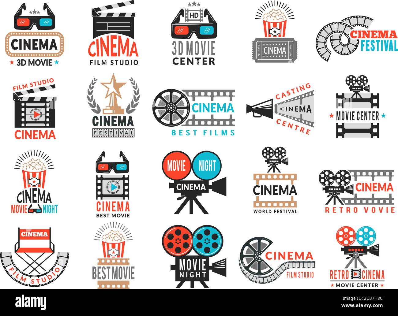 Badges de cinéma. Production de films symboles caméra réalisateur chaise film bande vecteur logo collection Illustration de Vecteur