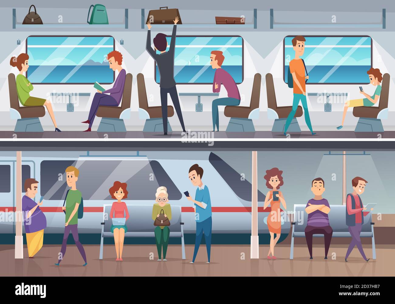 Métro. Les gens qui attendent le train dans le métro urbain plate-forme souterraine vecteur fond Illustration de Vecteur