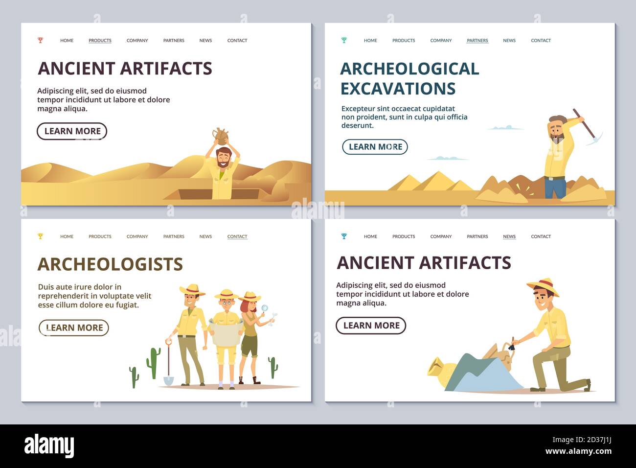 Modèles de page d'accueil des archéologues. Les archéologues des dessins animés explorent l'illustration vectorielle des antiquités Illustration de Vecteur