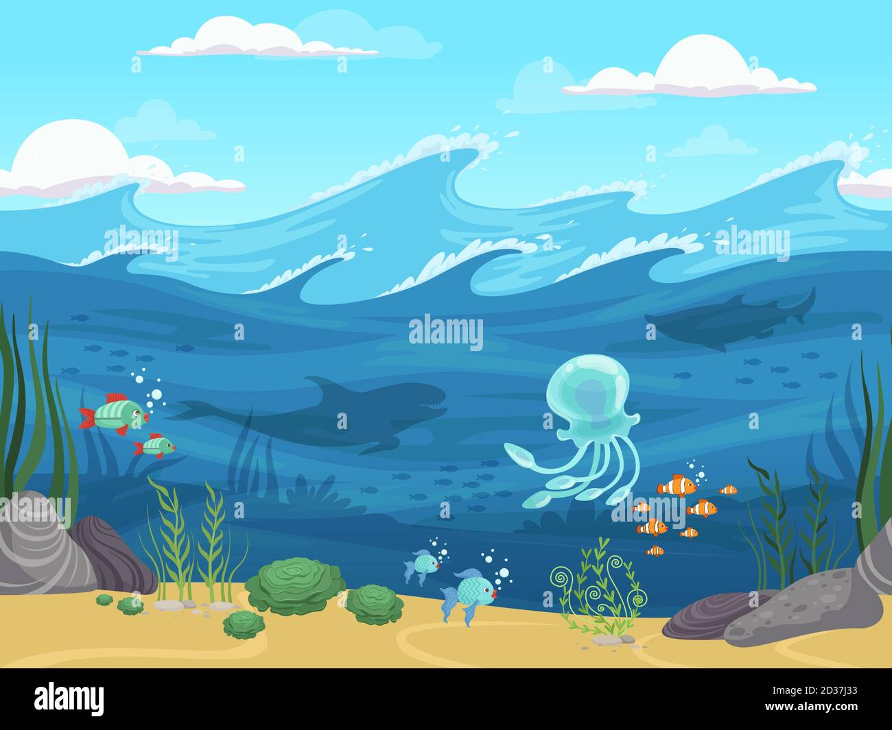 Sans coutures sous l'eau. paysage aquatique de jeu 2d avec poissons et algues plantes d'eau horizon vecteur arrière-plan Illustration de Vecteur