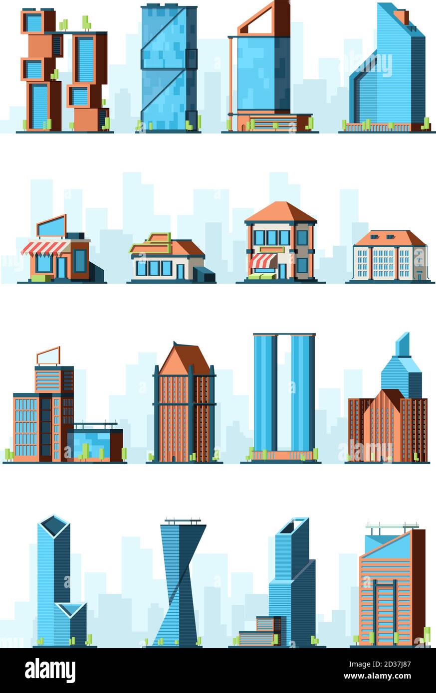 Bâtiments de la ville. Skyscraper rue maisons épiceries village constructions vecteur 2d bas poly jeux bâtiments Illustration de Vecteur